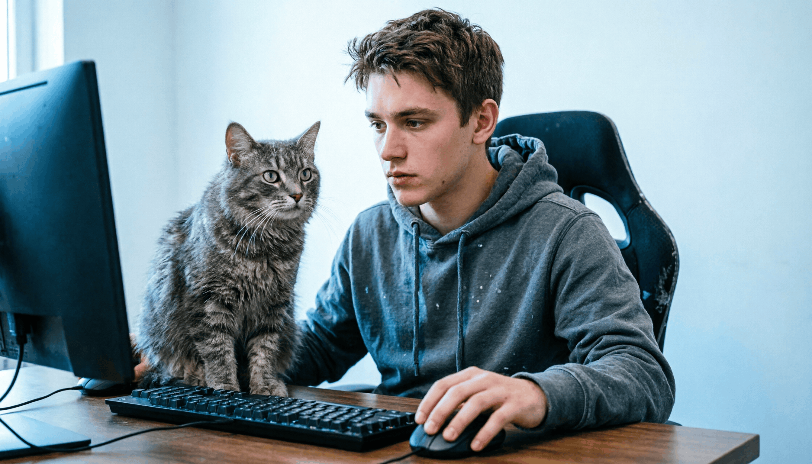 Max at his computer with a cat