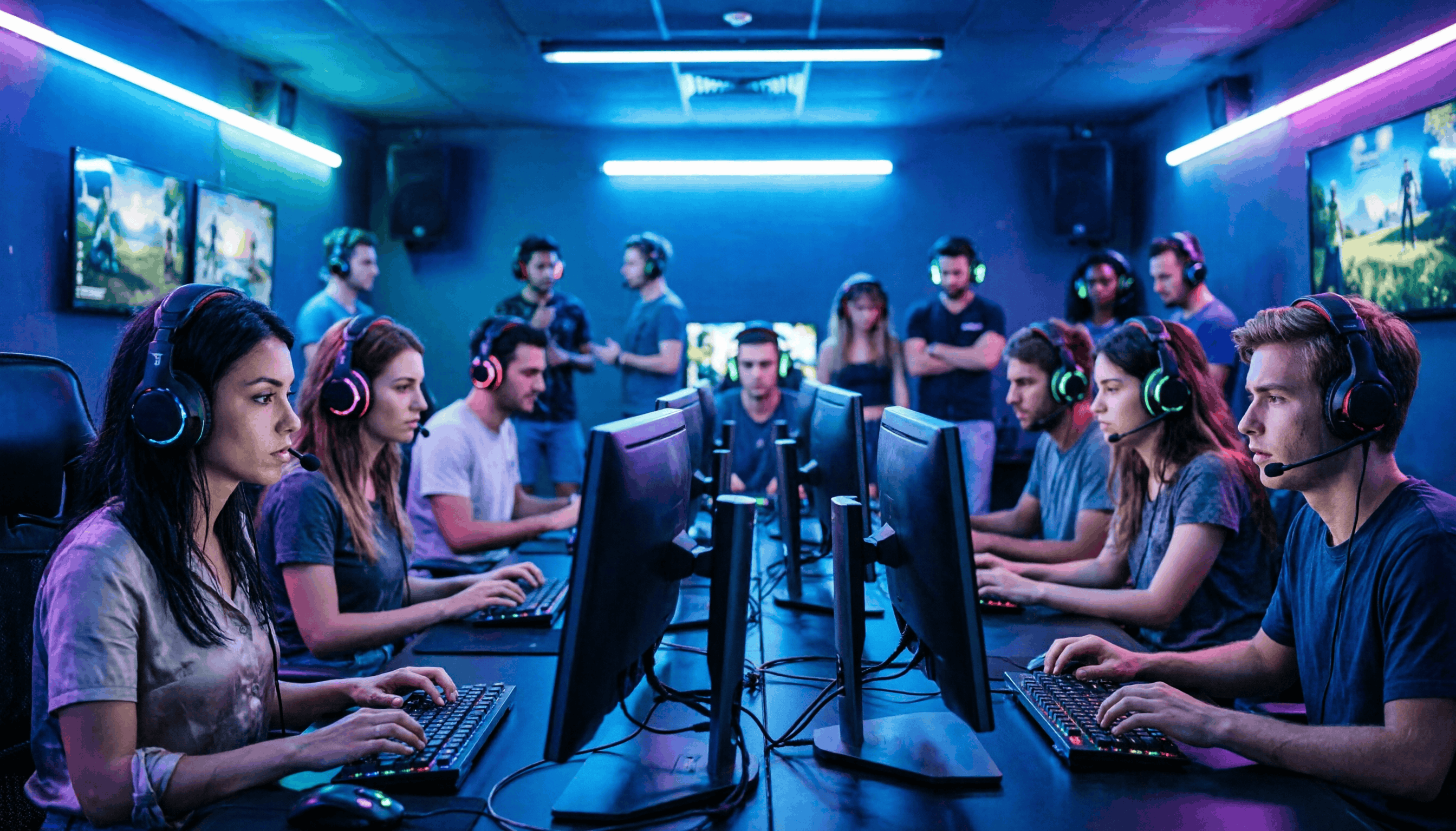 Five friends in headsets